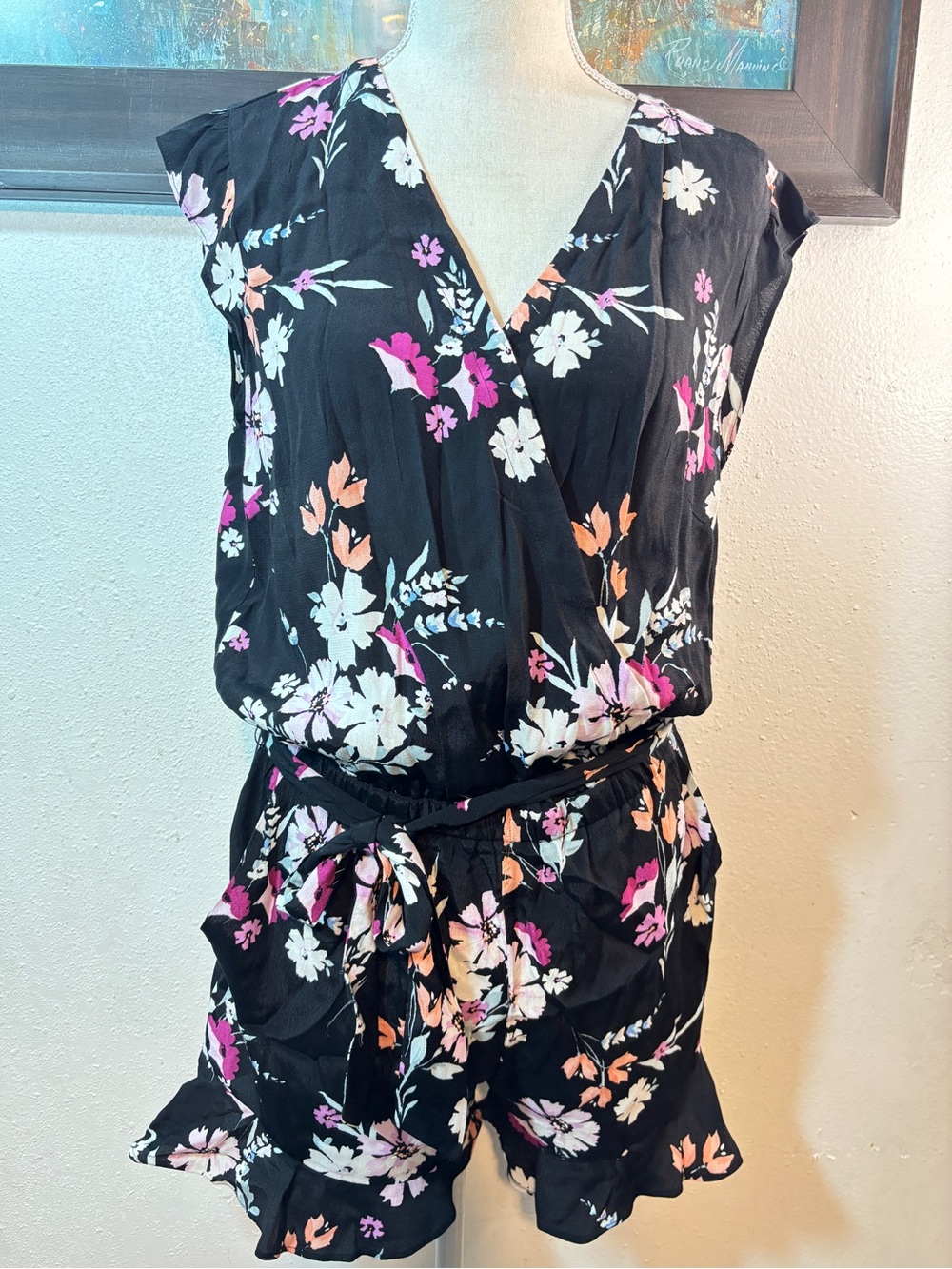 LOFT Black Floral V-Neck Tie-Waist Romper - Picture 9 of 9